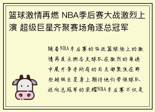 篮球激情再燃 NBA季后赛大战激烈上演 超级巨星齐聚赛场角逐总冠军